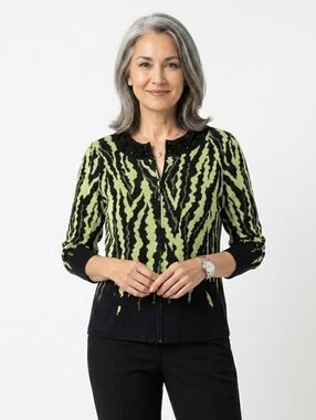 Ming Wang Black Lime Green Zebra Print Cardigan-Large